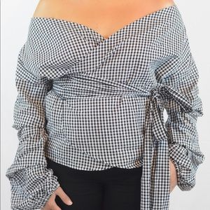 Gingham Plaid Cold Shoulder Top